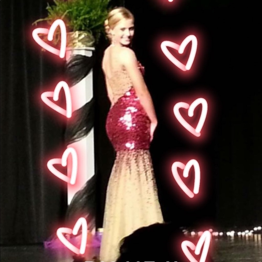 La Femme maroon & beige sequin Formal Gown